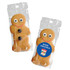 A gingerbread man cookie in a clear plastic wrapper, featuring brown and white colours with decorative facial details.