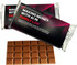 An 80g chocolate bar in a silver and pink wrapper with a grid pattern on the chocolate. It features a logo.