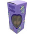 A purple box with Easter-themed designs contains a chocolate Easter bunny inside a clear window.