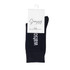 A pair of black bamboo socks featuring white text, displayed with a tag showing the brand name and product details.