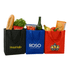 Three insulated grocery totes in black, blue, and red, filled with various groceries including fruits, vegetables, and a drink bottle.