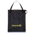 A black insulated grocery tote with a single handle and a front pocket, featuring branding on the front.