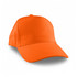 An orange cap with a curved brim and a structured design, featuring a logo on the front.