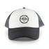 A white and grey 5 panel trucker mesh cap with a logo on the front and a curved peak.