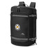 A black High Sierra travel backpack with adjustable straps and a logo, featuring multiple compartments for storage.