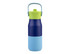 A drink bottle with a navy blue, light blue, and lime green design. It features a handle and a logo.