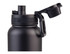 A drink bottle in matte black with a quick release cap and a handle, featuring a logo on the side.