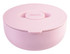 A pink insulated lunch bowl with a lid, featuring a circular design and a logo on the top.
