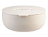 An insulated cream lunch bowl with a lid, featuring a logo on the side.