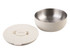 An insulated lunch bowl in cream colour featuring a stainless steel interior and a matching lid. It has a logo.
