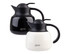 A drink bottle set featuring a black and a white insulated teapot with strainers, both with a handle and logo.