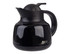 A black insulated teapot with a strainer and a curved handle, featuring a logo.