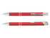 A red pen with silver accents and a sleek design, featuring a clip and a smooth barrel.