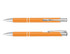 An orange lacquer pen with silver accents, featuring a smooth finish and a clip for easy attachment.