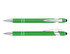 A green stylus pen with chrome accents and a black rubber tip, featuring a logo on the barrel.