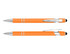An orange stylus pen with chrome accents, featuring a smooth finish and a clip. It also has a logo.