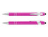 A pink stylus pen with chrome accents and a clip, featuring a rubber tip at one end. It includes a logo.