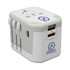 A travel adaptor in white and grey, featuring multiple plug options and USB ports. It includes a logo on the side.