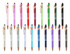 A collection of stylus pens in various colours like pink, red, green, and blue, featuring rose gold accents and branding.