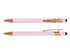 A rose gold stylus pen with a pink barrel, featuring a logo and a smooth writing tip.