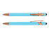 A stylus pen in turquoise with rose gold accents, featuring a smooth finish and a logo.