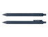 Two navy blue ballpoint pens laid parallel, featuring a clip and a smooth design. The pens have a simple branding logo.