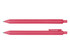 A pink ballpoint pen displayed horizontally and vertically, featuring a clip and a branding logo.