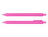 A pink ballpoint pen with a smooth finish, featuring a clip and a rounded tip. It has a simple logo.
