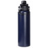 A drink bottle with a double wall design in navy blue, featuring a black screw top lid and a logo.