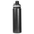 A drink bottle in matte black with a grey band, featuring a screw-on lid and a logo.