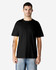 A black, short-sleeved t-shirt, featuring a relaxed fit and no label, worn by a model.