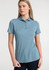 A women’s short sleeve polo in a light blue colour featuring a classic collar and a subtle logo.