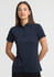 A women's short sleeve polo in navy blue, featuring a collar and a logo on the chest.