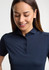 A navy women's short sleeve polo shirt with a collar and button placket, featuring a branding logo.