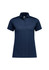 A navy blue short sleeve polo shirt for women featuring a collar and a button placket. The shirt has a logo.