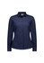A women's long sleeve button-up shirt in navy blue with a fitted design and a logo on the chest.