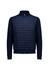 A navy tailor jacket featuring a quilted front and a smooth zip-up design with two side pockets.