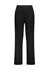 A pair of black women's soft stretch pants with a straight leg design and a waistband. The pants have a subtle branding.