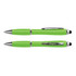 A green stylus pen with a shiny silver clip and matching trim, featuring a ballpoint tip and stylus end.