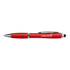 A red stylus pen with a sleek design and silver accents, featuring a logo.