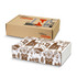 A die cut box with a locking lid, featuring a brown and white design with outdoor elements, includes a logo.