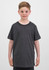 A dark grey short sleeve tee is displayed on a child, featuring a simple design and relaxed fit.