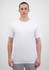 A plain white short sleeve tee displayed on a model, featuring a simple design and a casual fit.