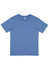 A blue short sleeve tee with a round neckline and a label inside, featuring a logo.