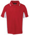A red polo shirt with white side panels and a collar, featuring a branding logo.