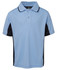 A light blue polo shirt with black side panels and a collar. It features a logo at the neckline.