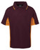 A burgundy polo shirt with orange accents and a collar, featuring a logo on the upper back.