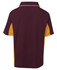 A maroon and gold polo shirt featuring a logo, designed for kids with short sleeves and a classic collar.