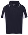 A navy blue polo shirt with white side panels, featuring a collar and a logo on the label.