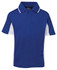 A blue and white polo shirt featuring a collar, short sleeves, and a logo on the chest.